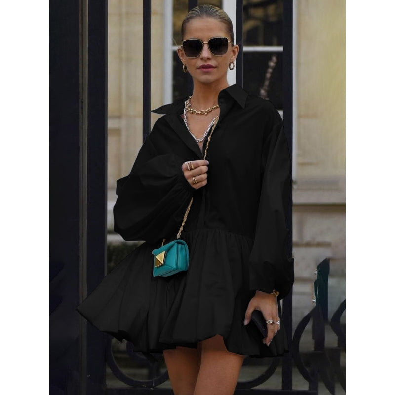 Puff Sleeves Buttoned Solid Color Split-Joint Lapel Mini Dresses Shirt Dress
