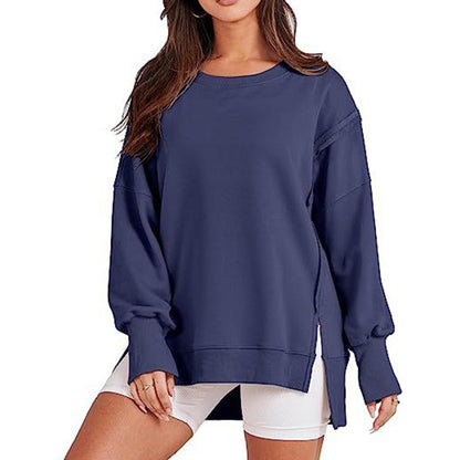 High-Low Long Sleeves Fringed Solid Color Split-Joint Split-Side Round-Neck Sweatershirt