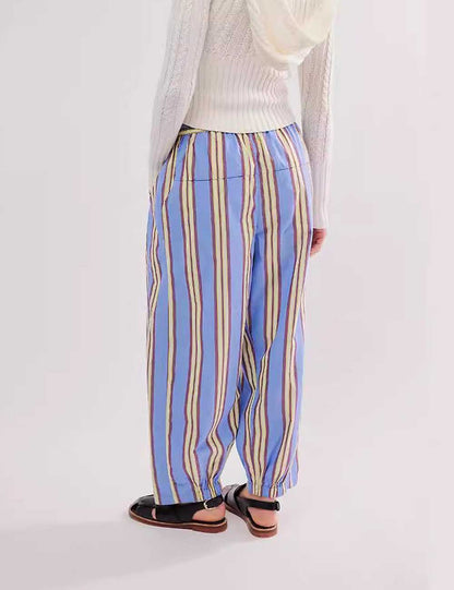 Casual Elastic Waist Color Block Striped Pants