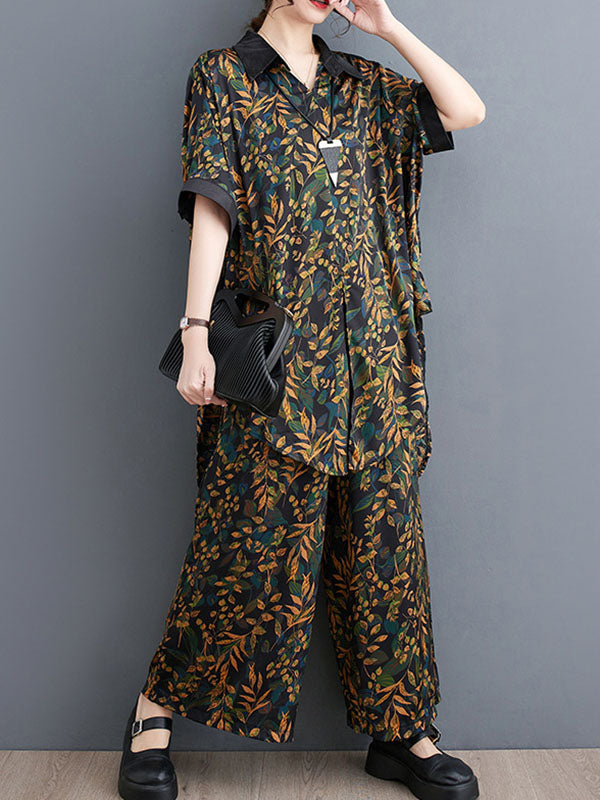 Loose Short Sleeves Printed Lapel Two Pieces Set