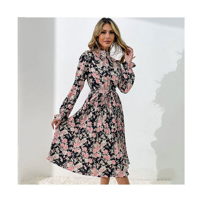 Printed Belted Half Turtleneck Dress With Petal Sleeves