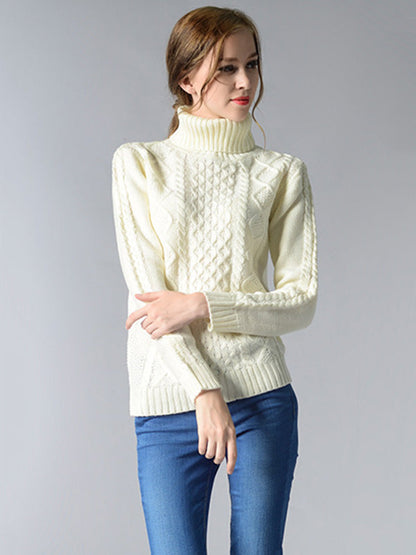 Casual 5 Colors Jacquard High-Neck Long Sleeves Sweater Top