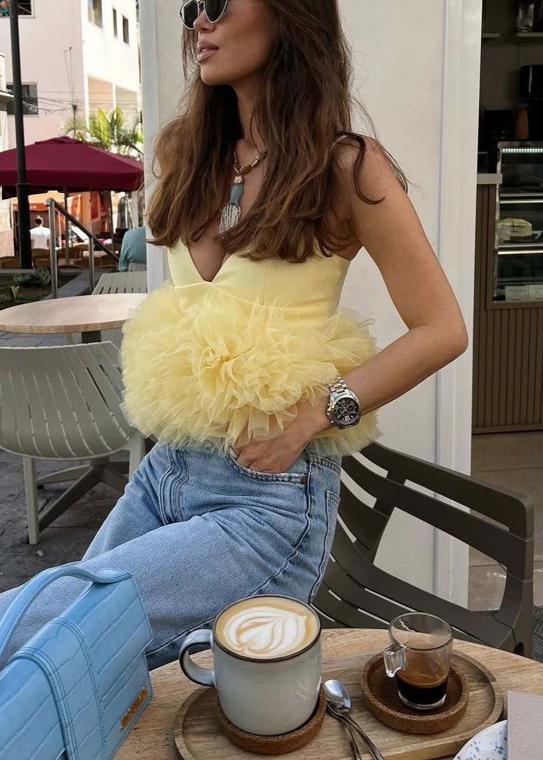 Tulle Polyester V Neck Ruffle Peplum Top
