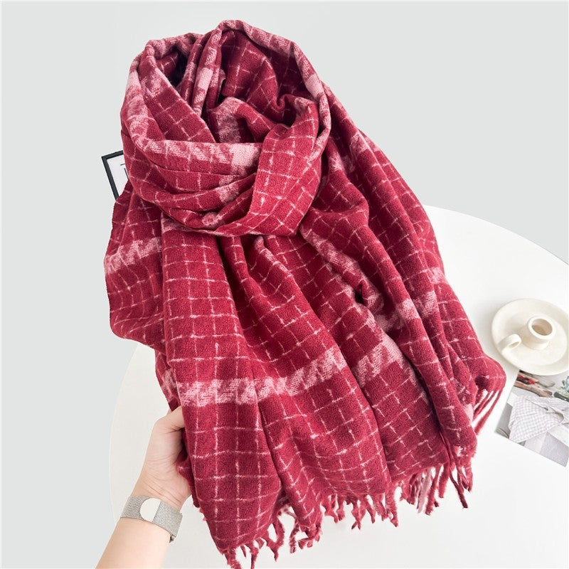Color Block Plaid Fringe Scarf