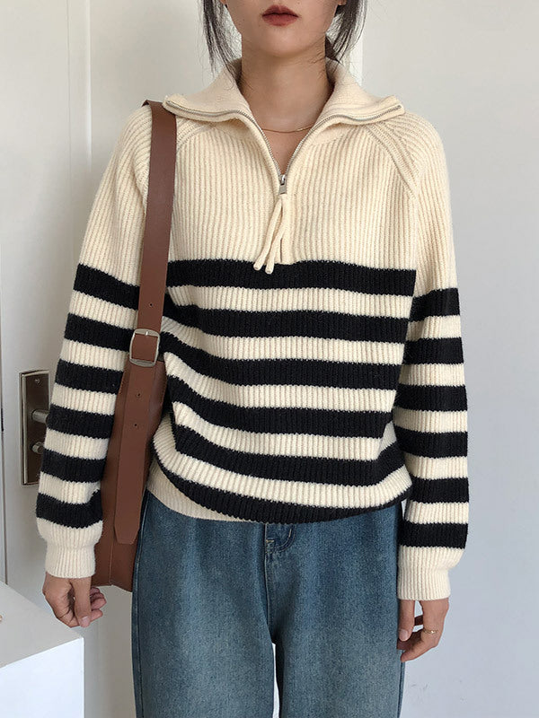 Urban Striped Zipper High-Neck Sweater Tops Pullovers