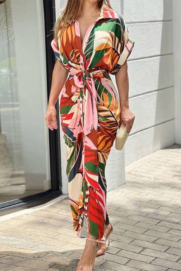 V-Neck Pleated Belt Short Sleeve Dress