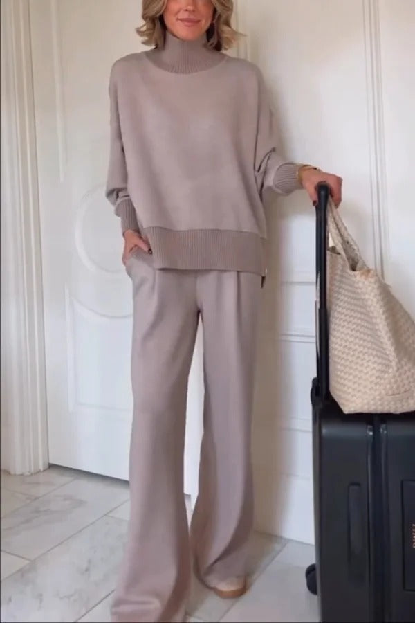 Berner High-Neck Long Sleeve Side Zipper Sweatshirt and Elastic Waist Pocketed Loose Pants Set