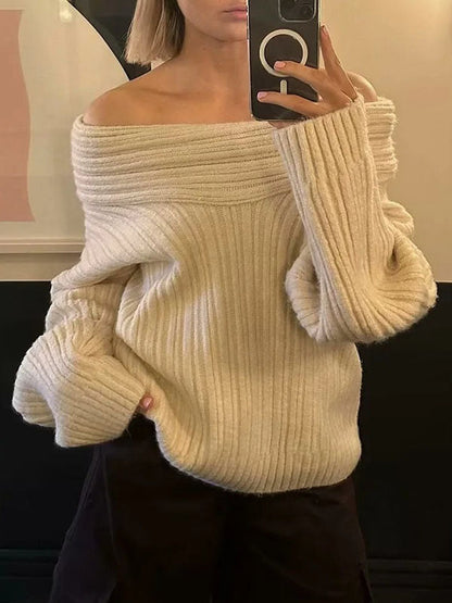 Long Sleeves Loose Pleated Solid Color Split-Joint Off-The-Shoulder Sweater