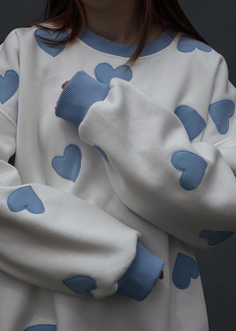 White Sweatshirt Soft Fabric Blue Heart Appliques