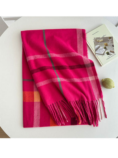 Scarvii - Reversible Color-Block Plaid Scarf with Fringe