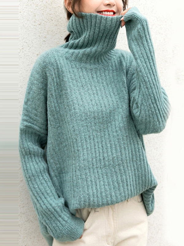 Casual Long Sleeves Loose Solid Color High-Neck Sweater Tops