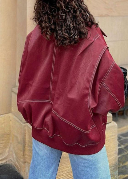 Oversized Zipper Jacket In Wine Red With White Stitching