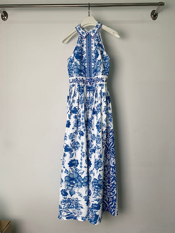 A-Line Loose Flower Print Split-Joint Lapel Maxi Dresses