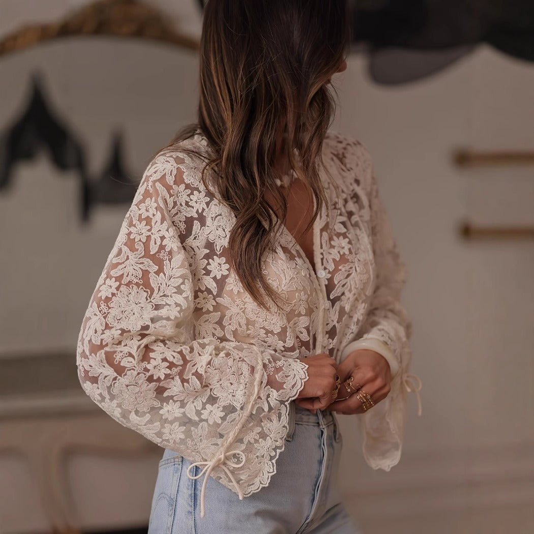 Crosa - Embroidered Lace Cardigan Top - Boho