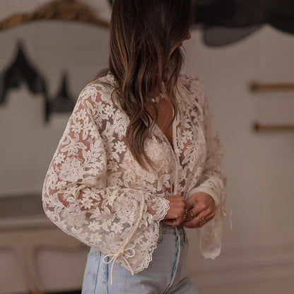 Crosa - Embroidered Lace Cardigan Top - Boho
