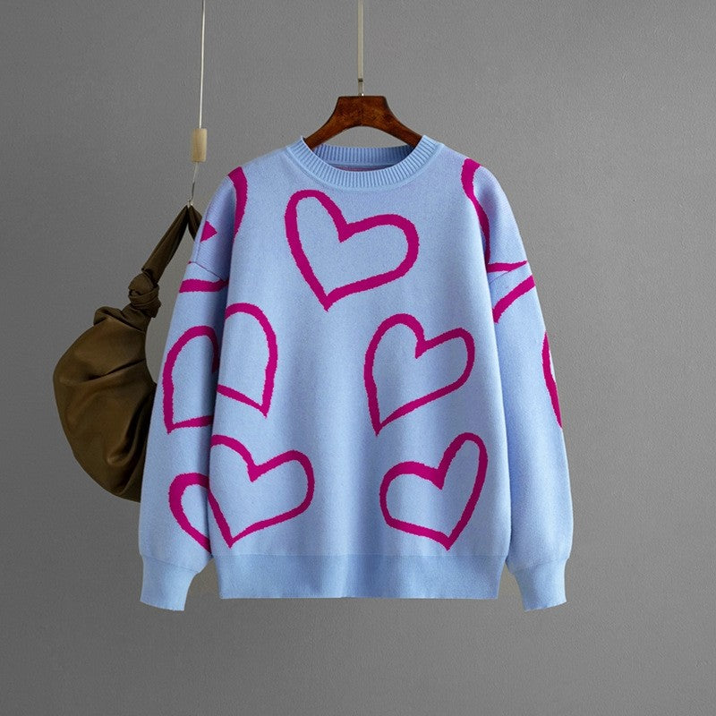 Round Neck Heart Print Contrast Sweater