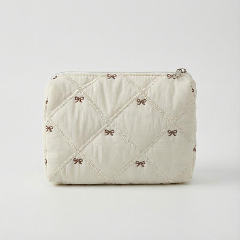 Simple Cotton Quilted Bow Embroidery Cosmetic Bag