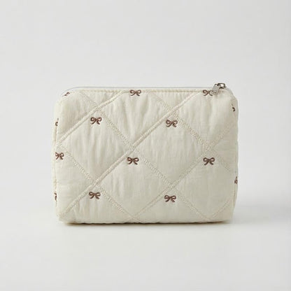 Simple Cotton Quilted Bow Embroidery Cosmetic Bag
