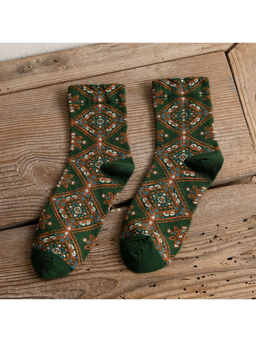 Rufia - Retro Mid-calf Socks with Diamond Floral Patterns