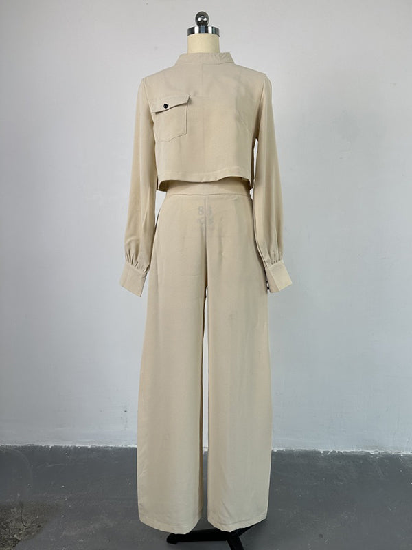 Long Sleeves Wide Leg Buttoned Contrast Color Round-Neck Shirts Tops&Pants Suits