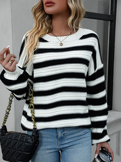 Long Sleeves Loose Striped Round-Neck Pullovers Sweater Tops