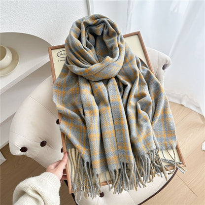 Color Block Plaid Fringe Scarf