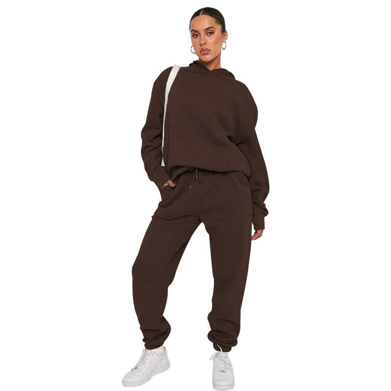 Solid Color Hooded Long Sleeve Sweatshirt Long Pants Set