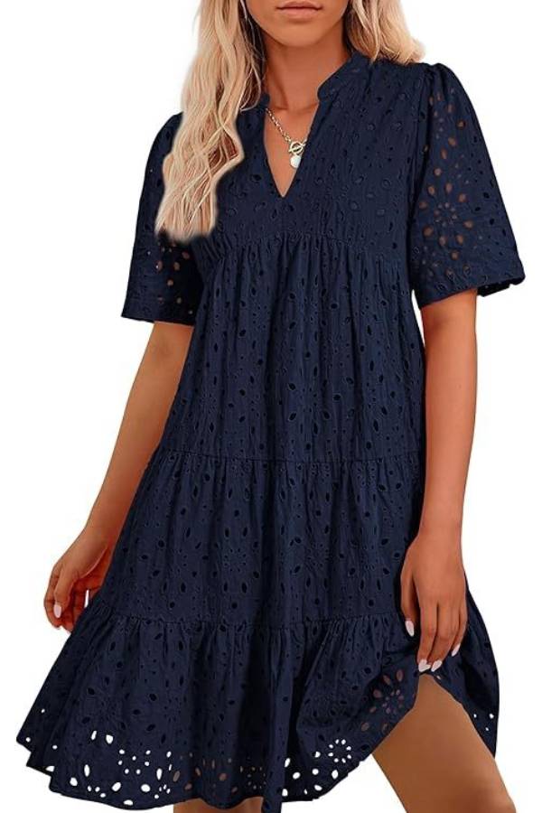 Women's V Neck Short Sleeve Hollow Out Mini Vacation Dress