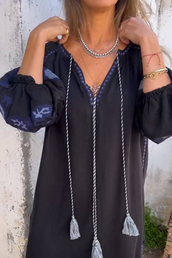 V-neck Bell Sleeve Embroidered Dress