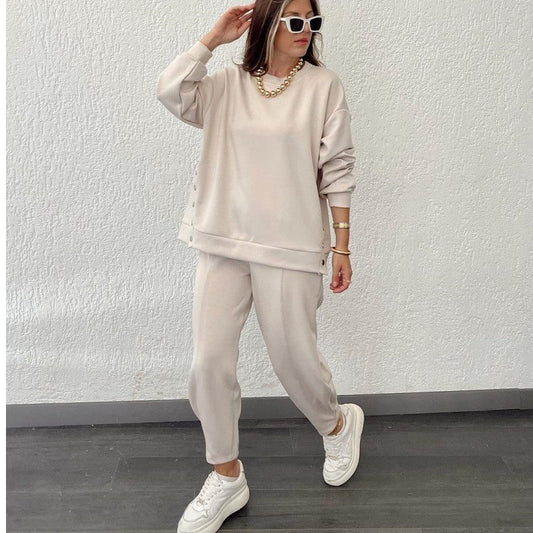 Solid Color Crewneck Long Sleeve Sweatshirt And Sport Pants Two Pieces Suit