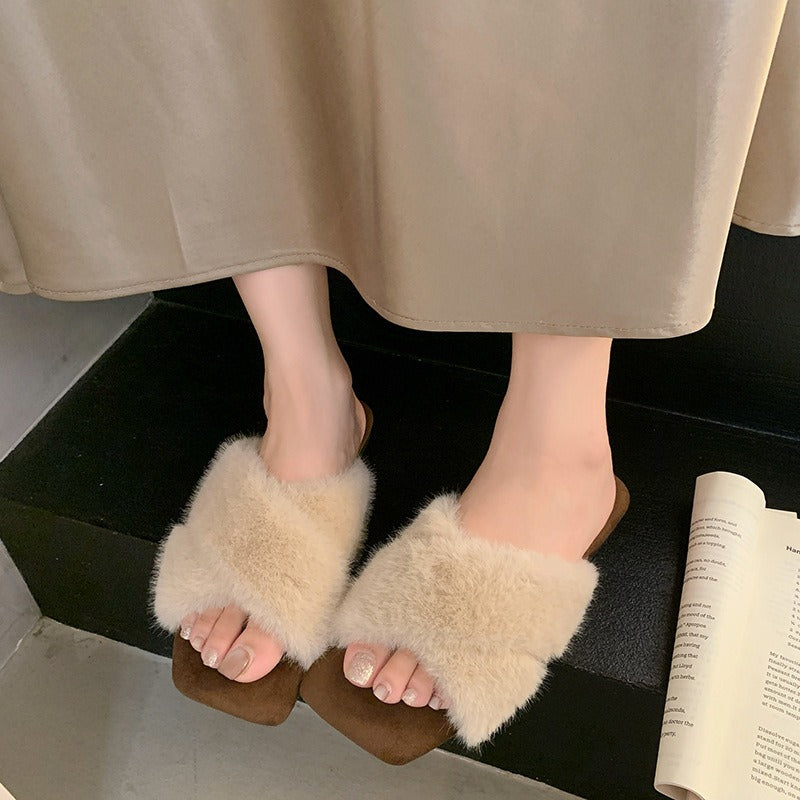 Square-Toe Cross-Strap Fuzzy Slippers