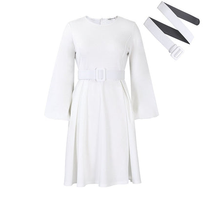 Solid Color Long Sleeve Round Neck Dress With Belt