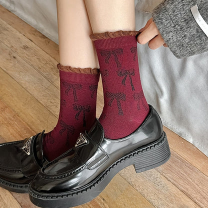 Rufia - Retro Doodle Bow Crew Socks - Sweet &amp; Stylish