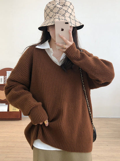Simple Long Sleeves Loose Solid Color V-Neck Sweater Tops