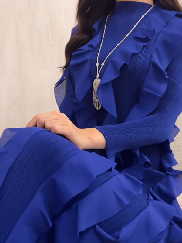 Solid Color Bodycon Pleated Ruffled Long Sleeves Maxi Dresses