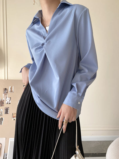 Long Sleeves Knot Pleated Solid Color Split-Joint Lapel Blouses&Shirts Tops