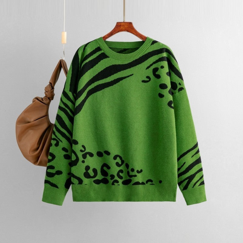 Leopard Print Long Sleeve Crew Neck Loose Sweater