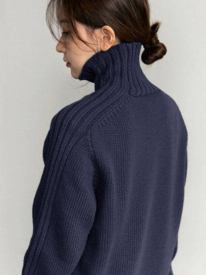 Loose Long Sleeves Solid Color High-Neck Sweater Tops