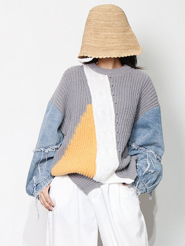 Stylish Denim Knitting Split-Joint Contrast Color Sweater Top