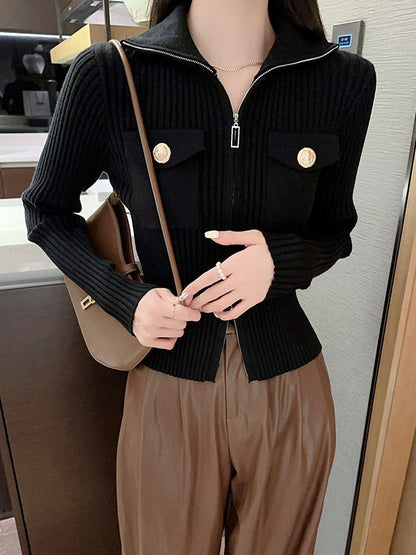 Solid Color Retro Pockets  Zipper Long Sleeves Stand Collar Sweater