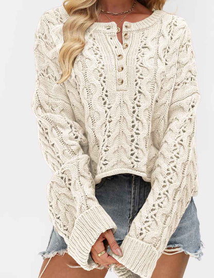 Cable Knit Round Neck Button Pullover Sweater