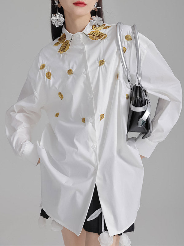 Long Sleeves Loose Buttoned Embroidered Split-Side Lapel Blouses&Shirts Tops