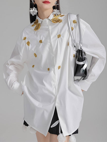 Long Sleeves Loose Buttoned Embroidered Split-Side Lapel Blouses&Shirts Tops