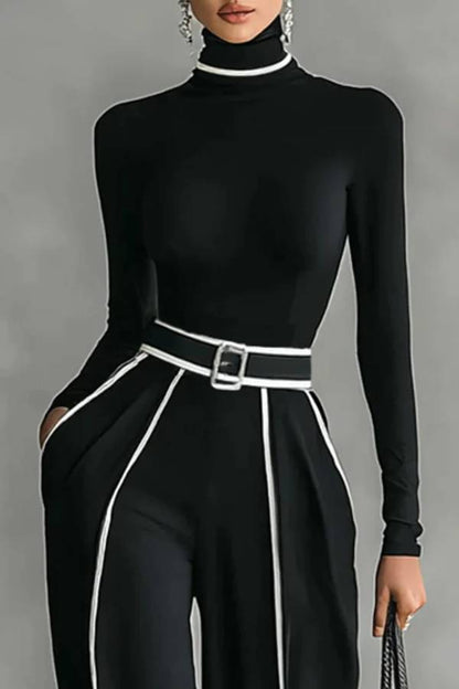White Trim High-neck Long-sleeved Top With Wide-leg Pants and Belt Set