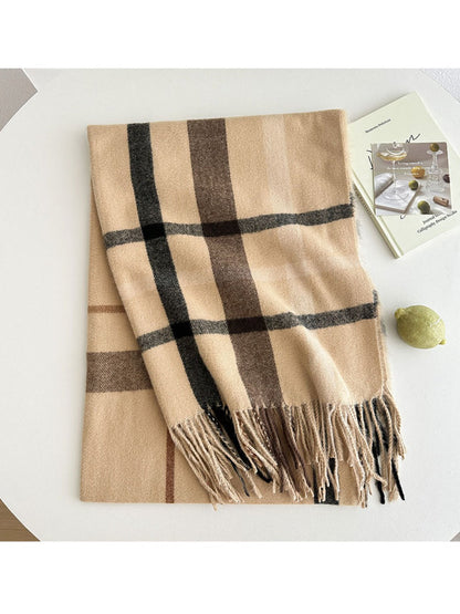 Scarvii - Reversible Color-Block Plaid Scarf with Fringe