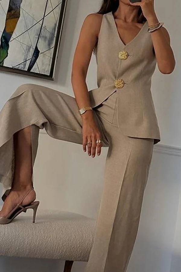 Solid Color Elegant Sleeveless Vest \u0026 Suit Pants Two-Piece Set