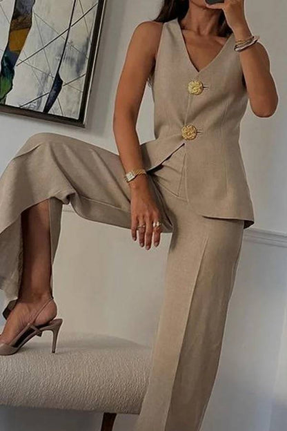 Solid Color Elegant Sleeveless Vest \u0026 Suit Pants Two-Piece Set