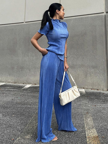 Simple Solid Color High-Neck T-Shirt Top&Wide Legs Pants 2 Pieces Set