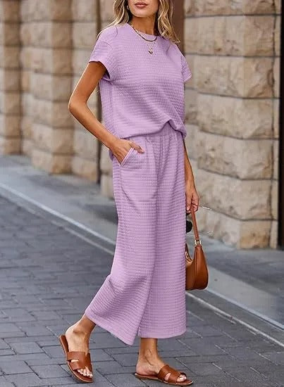 Women's Casual Textured Tops and Wide Leg Pants Lounge Sets