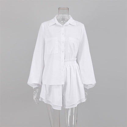 Solid Color Long Sleeve Top With Ruffle Hem Shorts Set